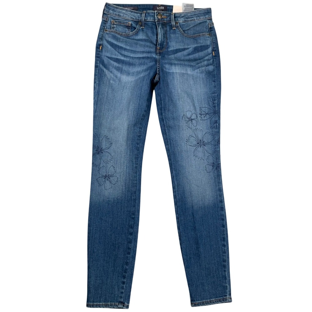 NYDJ Ami Jeans Women 4 Blue Floral Skinny Boho Festival Embroidered Denim